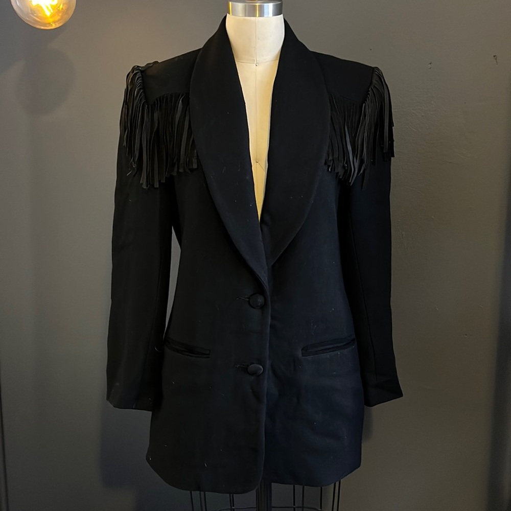 Vintage 1990s western fringe blazer // black wool jacket southwest style